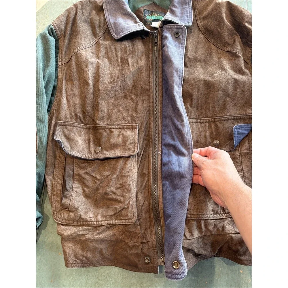 Vtg Peerless Garments Faded Leather Canvas Bomber Jacket Men’s M Colorblock 90s‎